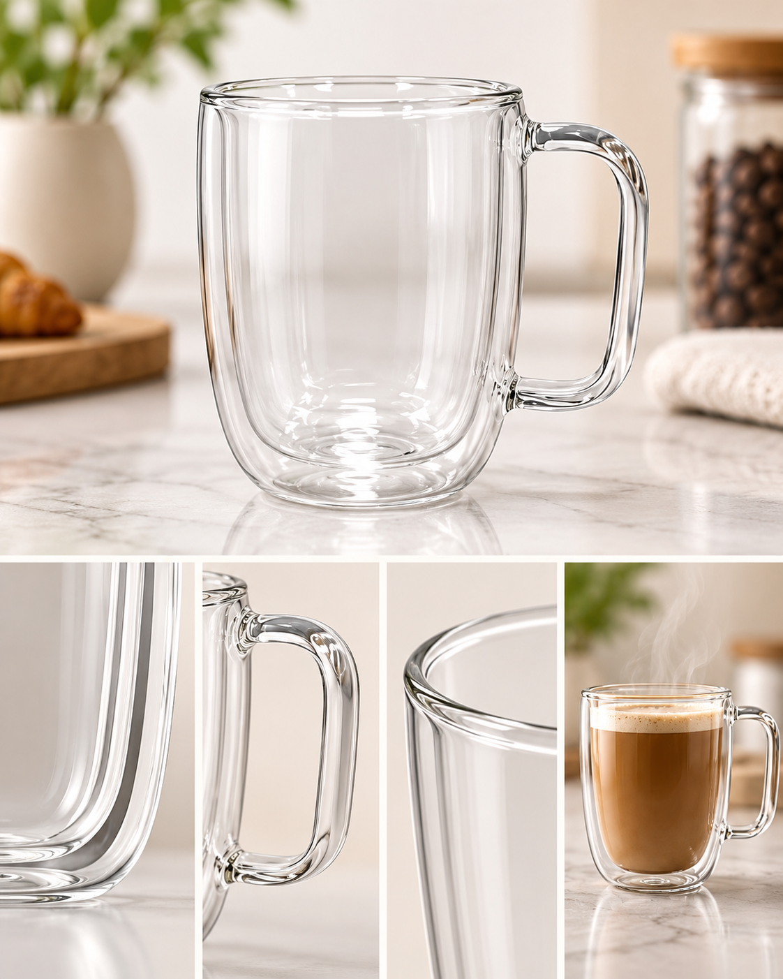 Taza grande de vidrio de doble pared con asa 500 ml