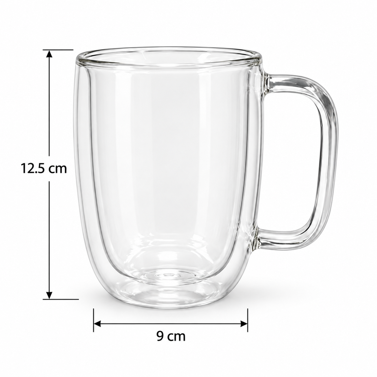 Medidas: Taza grande de vidrio de doble pared con asa 500 ml