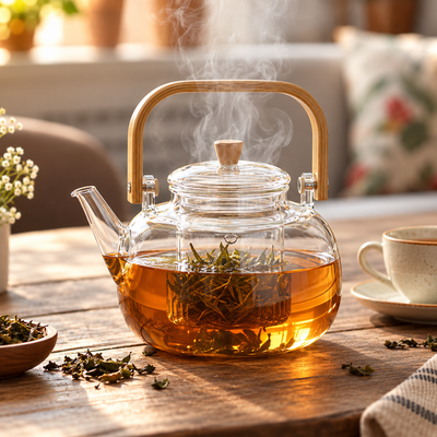 Tetera de vidrio con infusor y asa de bambú 1.3 L