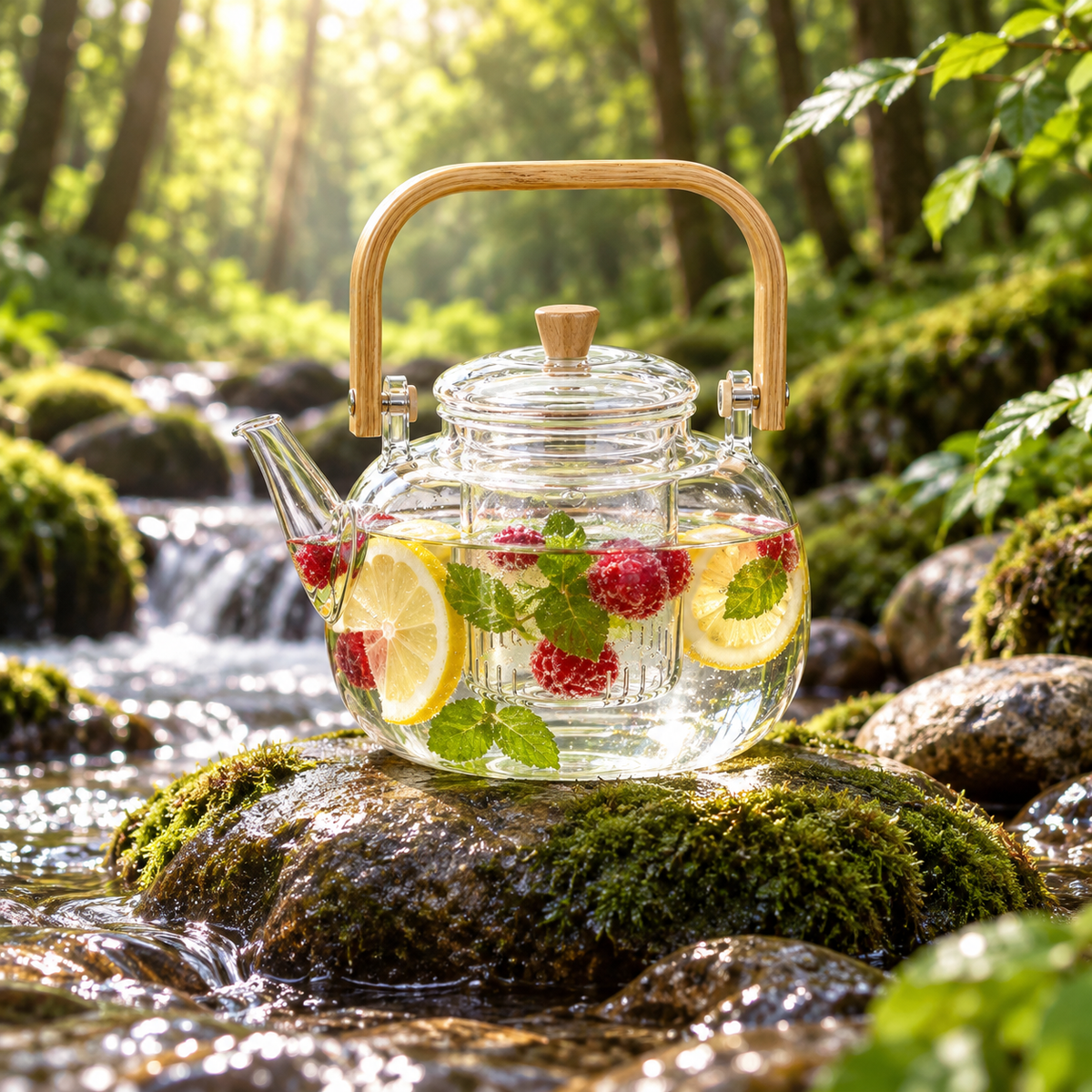 Tetera de vidrio con infusor y asa de bambú 1.3 L