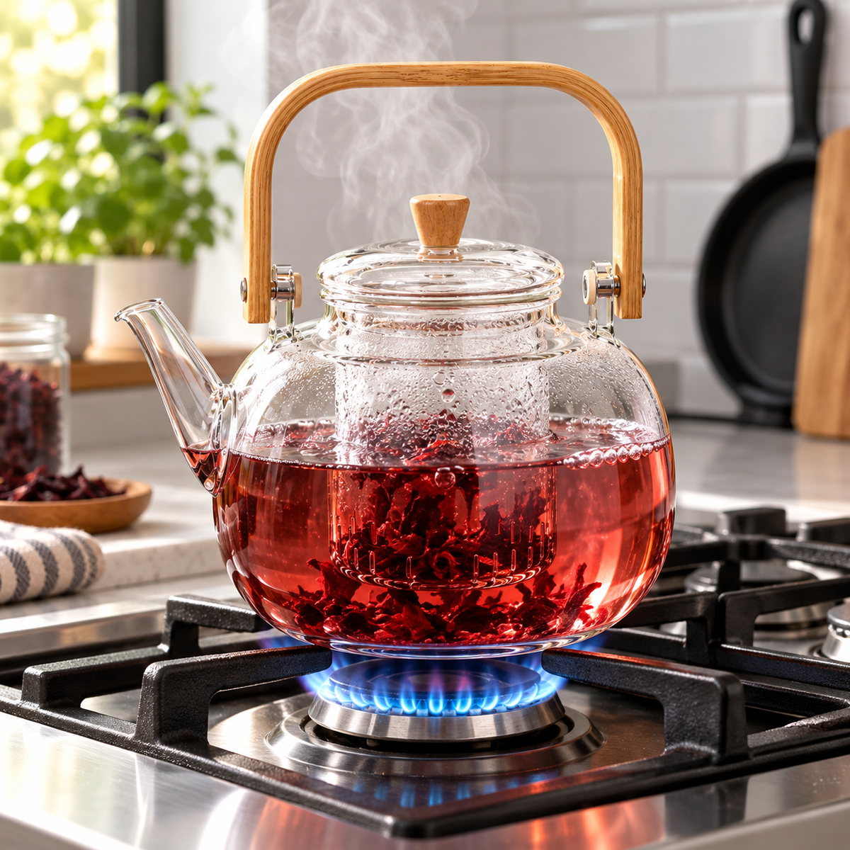 Tetera de vidrio con infusor y asa de bambú 1.3 L