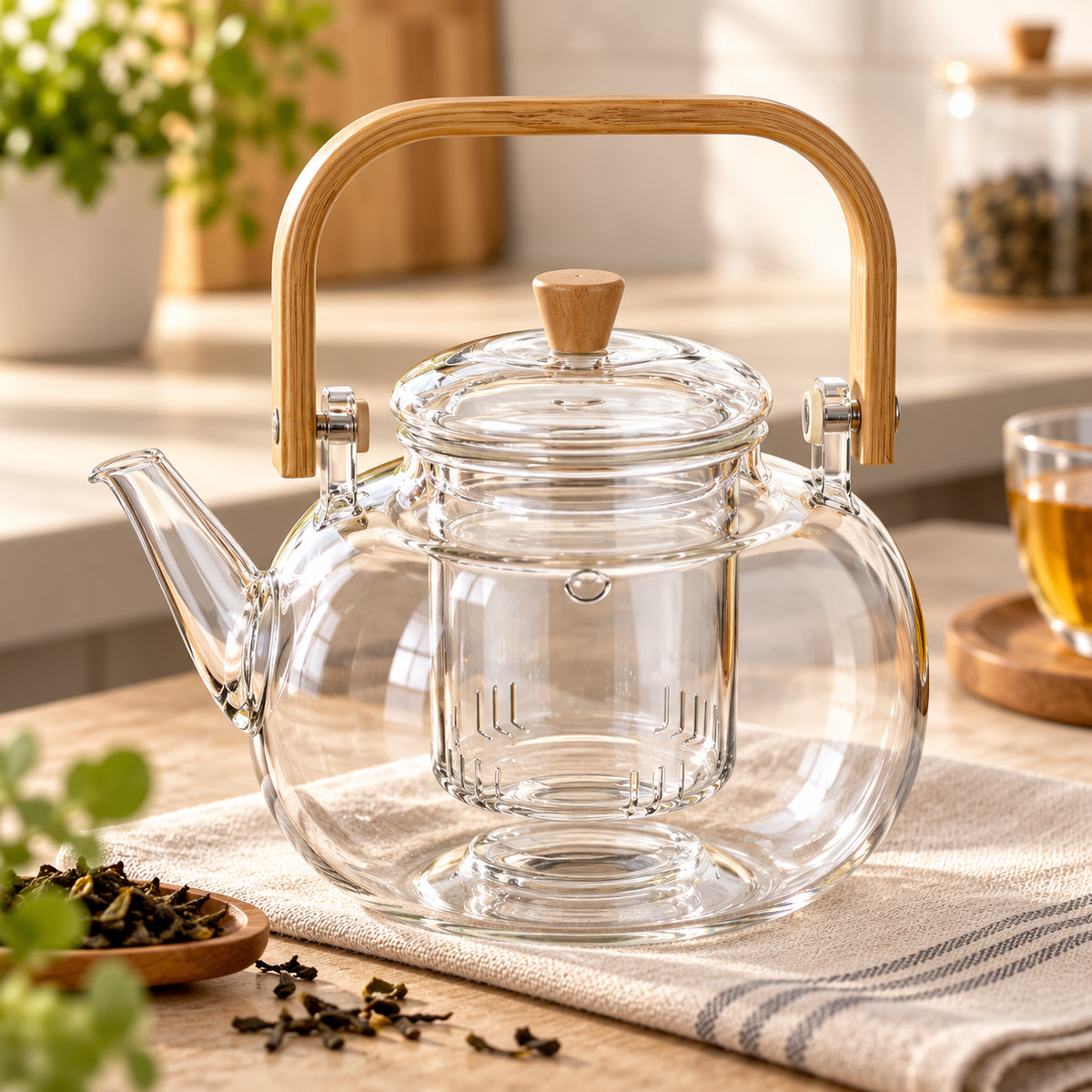 Tetera de vidrio con infusor y asa de bambú 1.3 L
