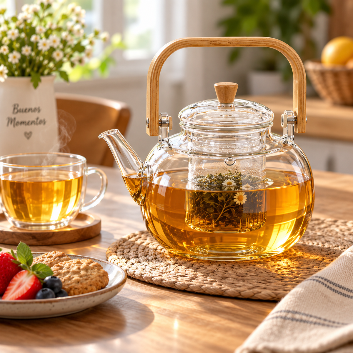 Tetera de vidrio con infusor y asa de bambú 1.3 L