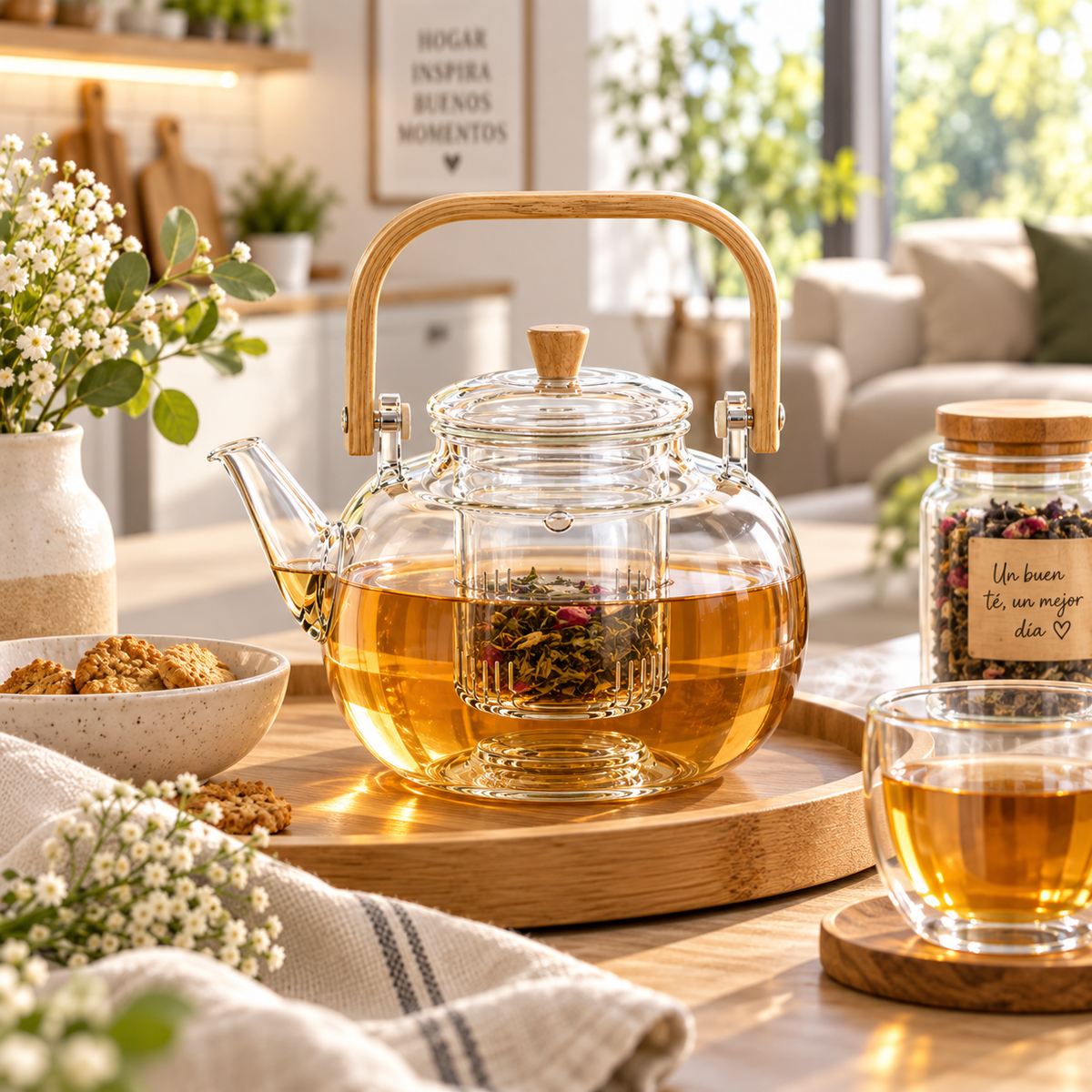 Tetera de vidrio con infusor y asa de bambú 1.3 L