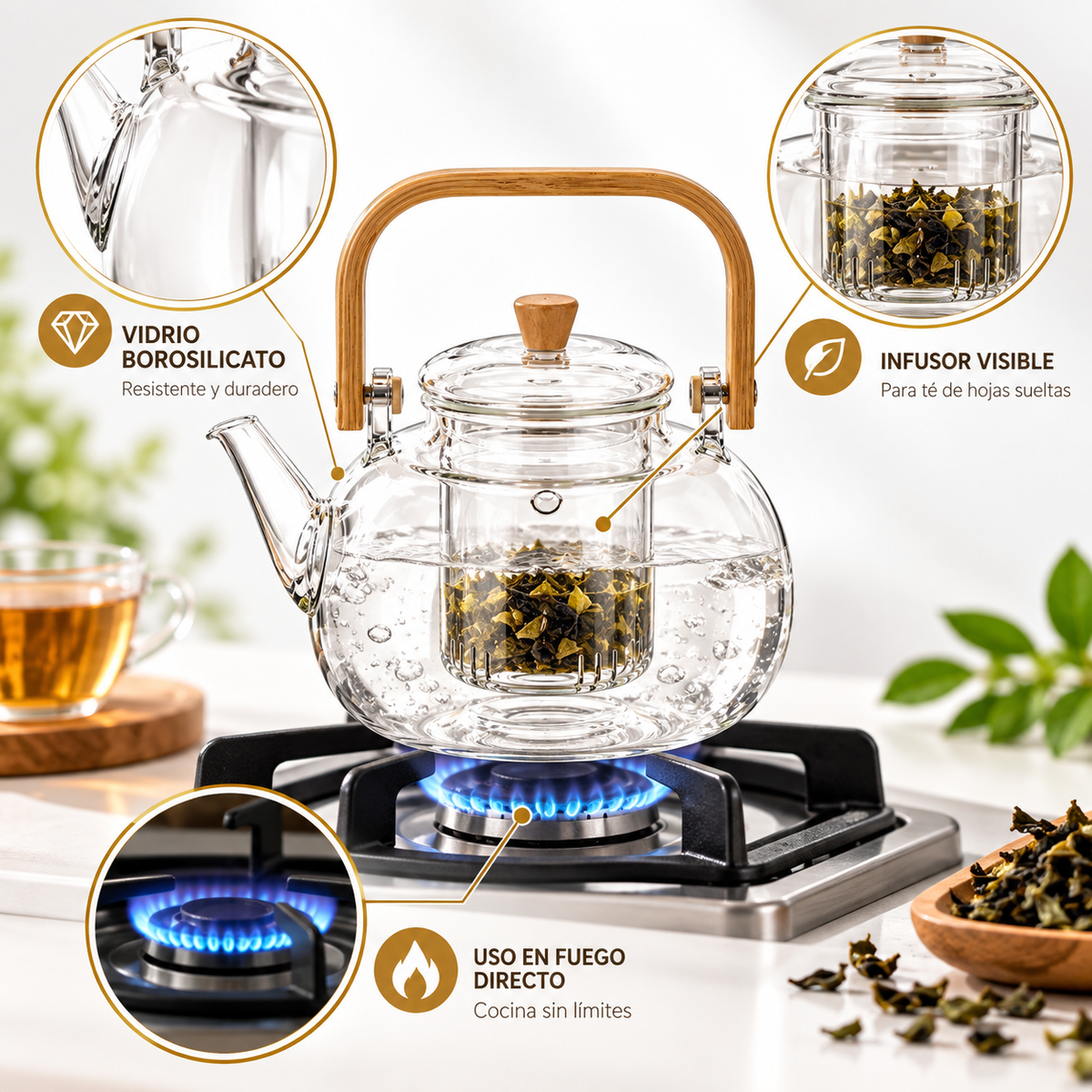 Tetera de vidrio con infusor y asa de bambú 1.3 L