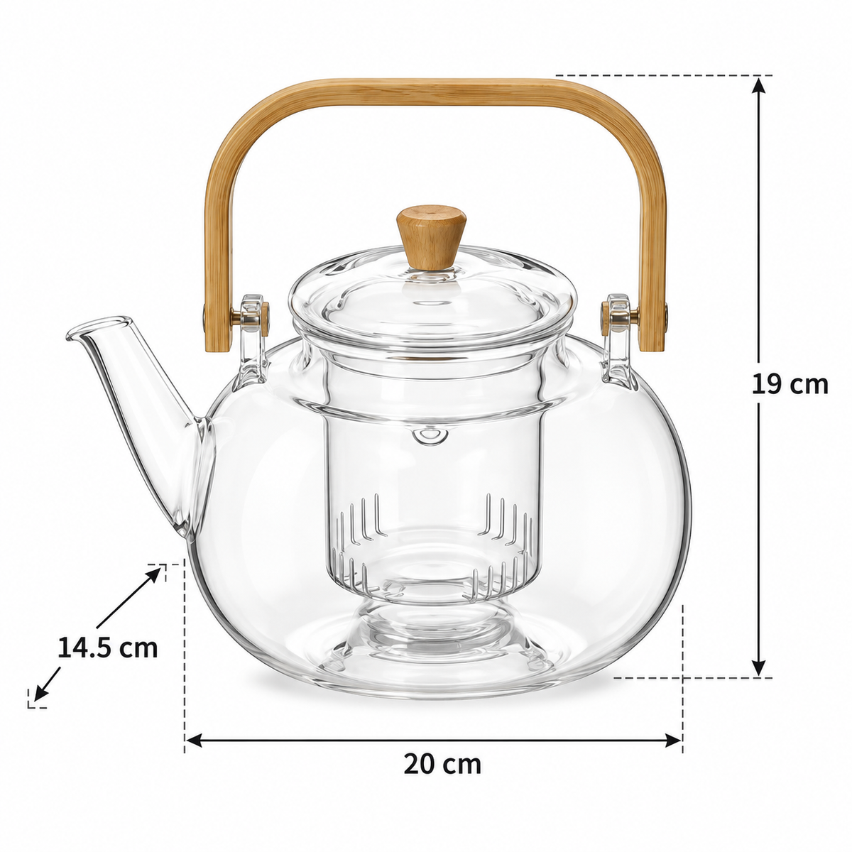 Medidas: Tetera de vidrio con infusor y asa de bambú 1.3 L