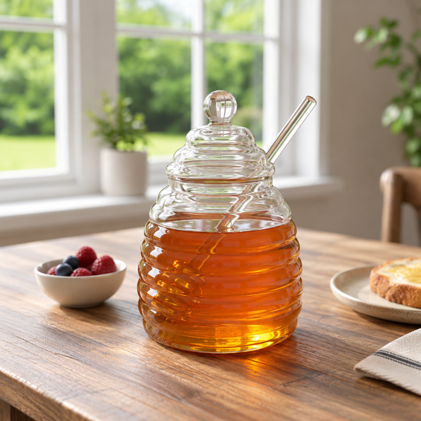 Mielera de vidrio con tapa y cuchara 450 ml
