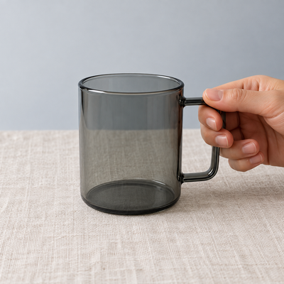 Taza de vidrio negro translúcido con asa 400 ml