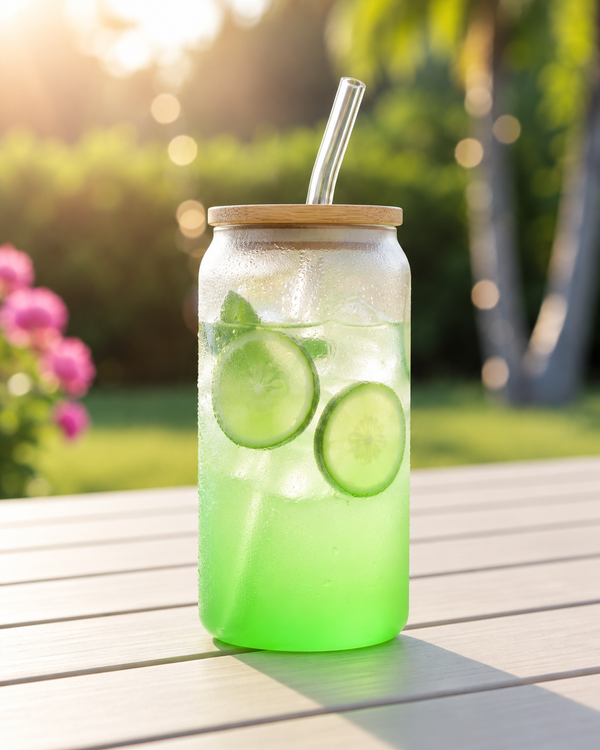 Vaso de vidrio esmerilado de colores con tapa y sorbete 550 ml