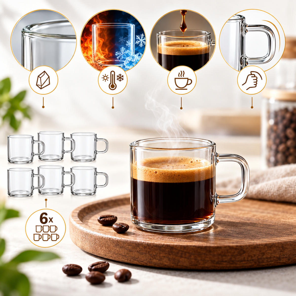 Set de 6 tazas de vidrio para espresso 90 ml