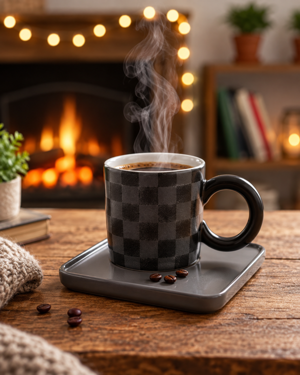Set de taza y plato de cerámica con diseño cuadriculado 250 ml